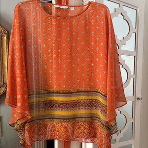 Isaac Mizrahi Orange, multi-color Flutter Sleeve Blouse, Size XXS